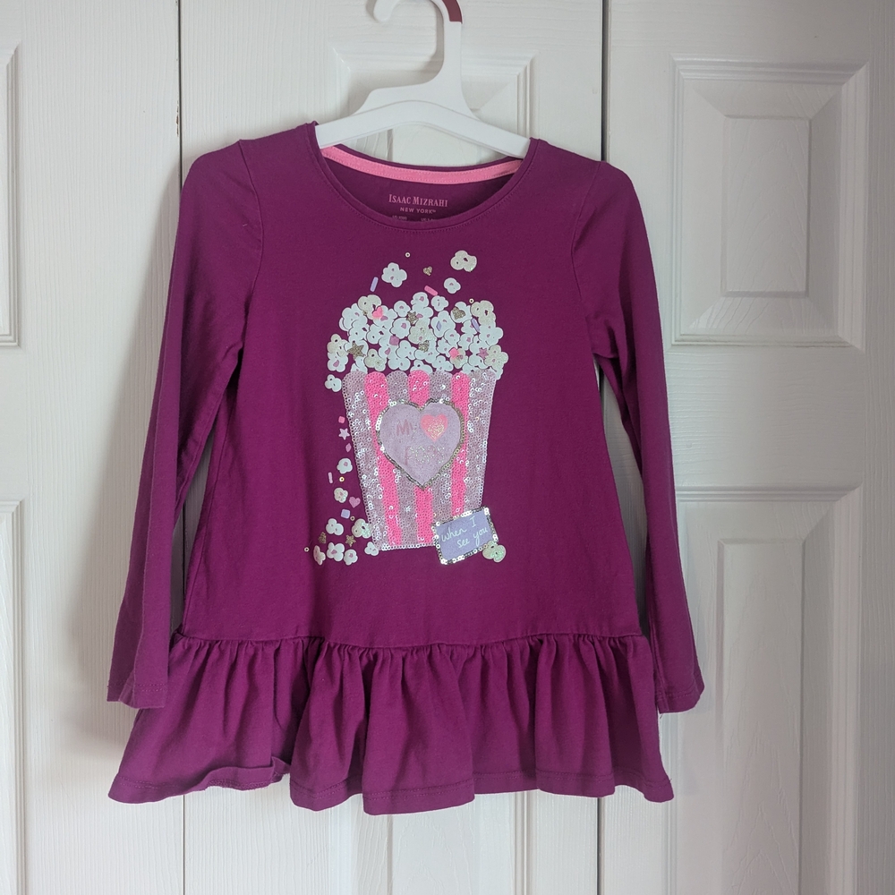 Isaac Mizrahi Purple Long Sleeve Kids Top with Popcorn Graphic